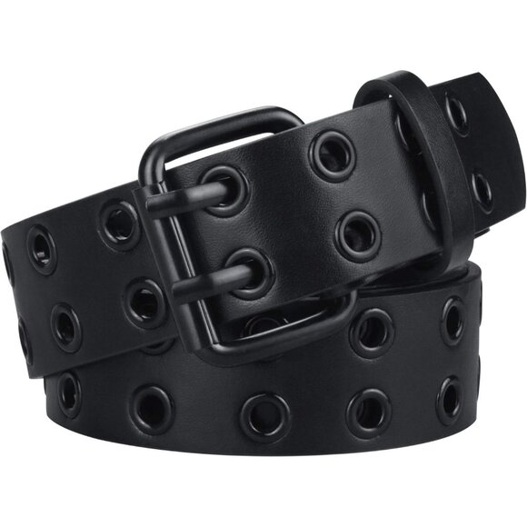 Men's All Black Double Prong Alloy Buckle Vintage Punk Jeans Pu Leather Belts - Picture 1 of 5